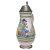Birnkrug. Gmunden. Fayence, farbig bemalt. Rastender Wanderer mit Pfeife. Zinnmontierung. H. 28 cm.