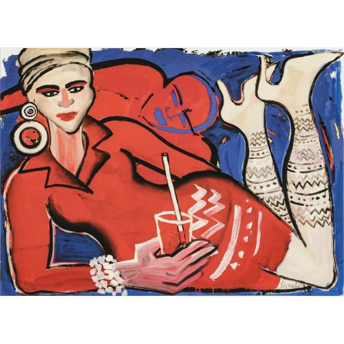 Druckgrafik (giclée), Liegende Frau in Rot mit Getränk. 44,5 x 61 cm. Sign., Ed. 9/50. Prägestempel Galerie Edition F.
