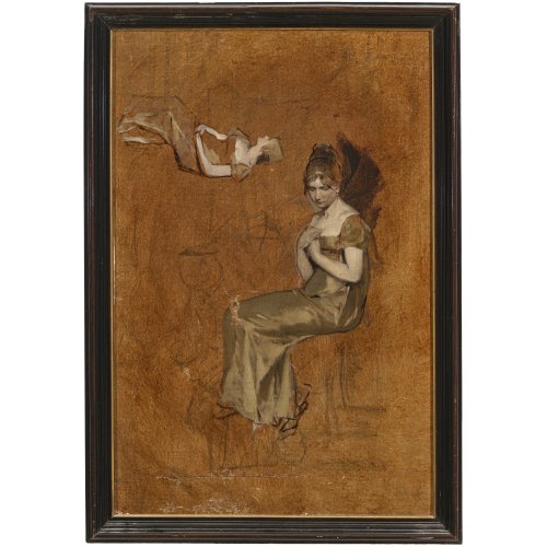 Kaulbach, Friedrich August von. Sitzendes Mädchen. Ölskizze. Öl/Lw. 49 x 32,5 cm. Besch., rest. rücks. Nachlassstempel und pers. Brief.