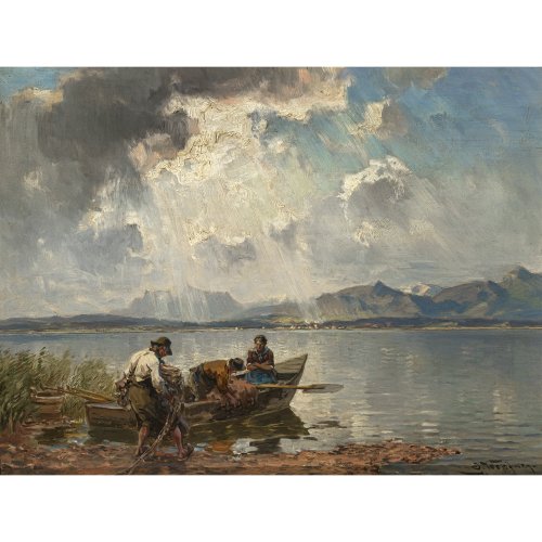 Wopfner, Josef. Fischer mit einem Kahn am Chiemsee. Öl/Holz. 27 x 35 cm. Sign.