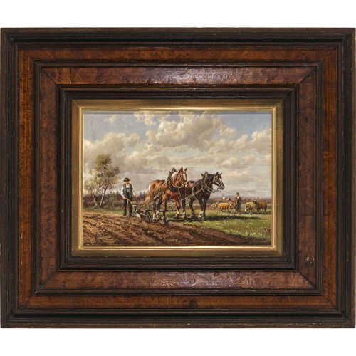 Kaplan, Hubert. Bauer mit Pferdepflug auf dem Feld. Öl/Holz. 12,8 x 17,8 cm. Sign.