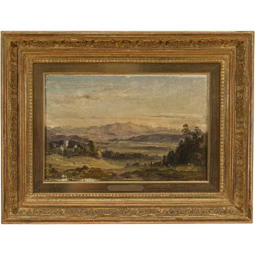 Rottmann, Carl, zugeschrieben. Landschaft bei Samerberg, im Vordergrund Törwang. Öl/Holz 21 x 32 cm. Unsign.
