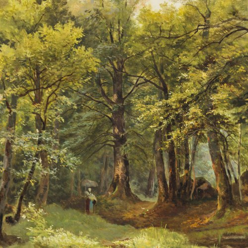 Wopfner, Joseph. Holzsammlerin im Buchenwald. Öl/Lw./Karton. 48,5 x 38 cm. Monogr. Rücks. Nachlassstempel.