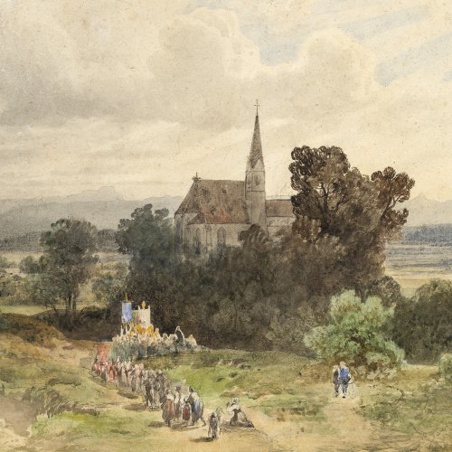 Mali, Johann Jan Cornelius. Prozession in Oberbayern. Aquarell. 31,5 x 42,5 cm. Unsign.