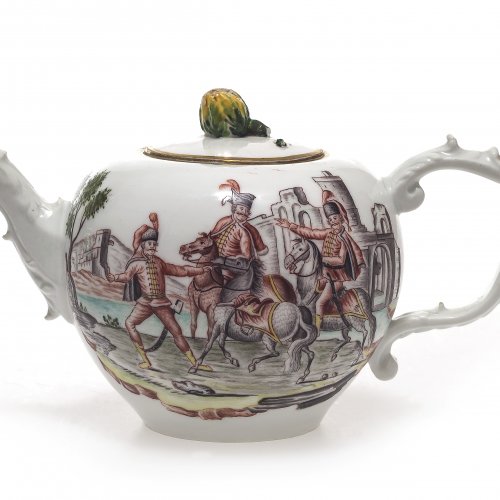 Teekanne, Husaren vor Festung, Meissen 18. Jh.