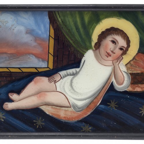 Hinterglasbild: liegendes Jesuskind