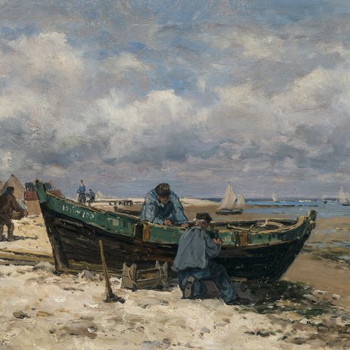 Vernier, Emile Louis Fischer reparieren Boot am Strand