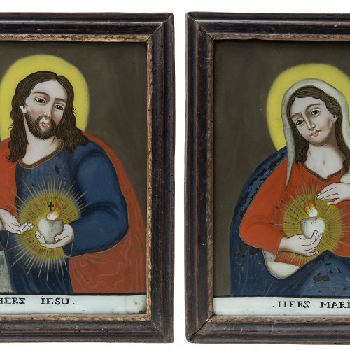 Hinterglasbilder, ein Paar: Herz Jesu u. Herz Mariä