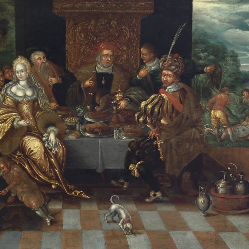 Franck, Sebastian, Umkreis. Reicher Mann und armer Lazarus. Öl/Holz. 35,3 x 43,7 cm.