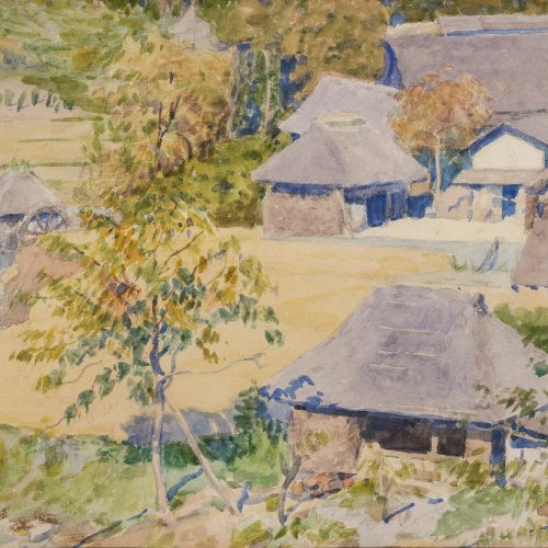 Yagi, S. Japanische Landschaft mit Häusern. Aquarell. 