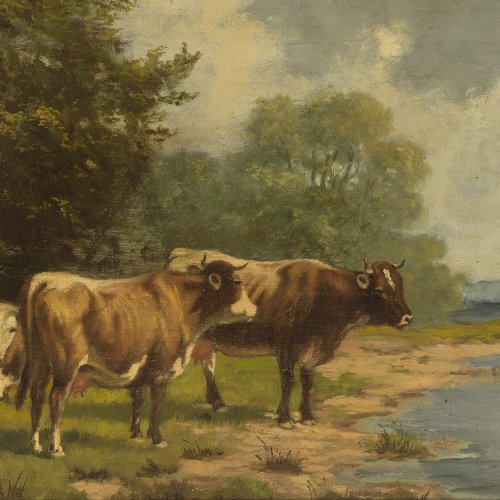 Voltz, Ludwig. Kühe am Wasser. Öl/Holz. 21 x 38 cm. Sign.