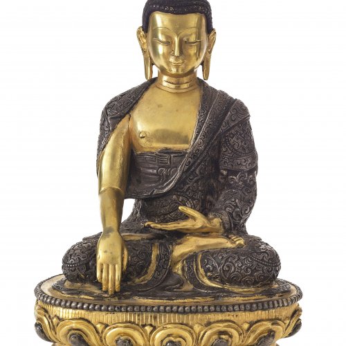 Buddha, auf Lotosthron. Bronze, tw. versilbert. H. 20 cm. Tibet, 19./20. Jh.