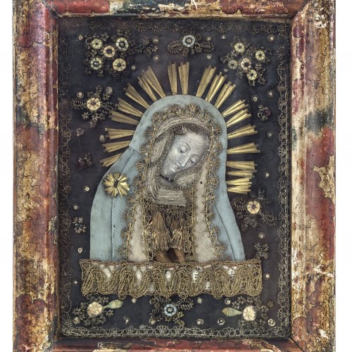 Klosterarbeit. Landshuter Muttergottes mit dem geneigten Haupt. Süddeutcsh, 19. Jh.