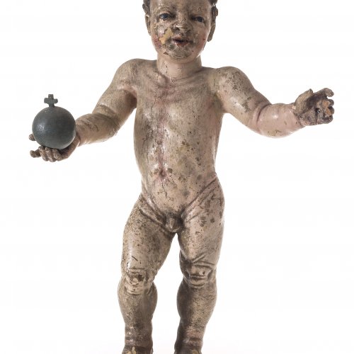 Stehendes Jesuskind. Holz. H. 36,5 cm. Besch., rep.