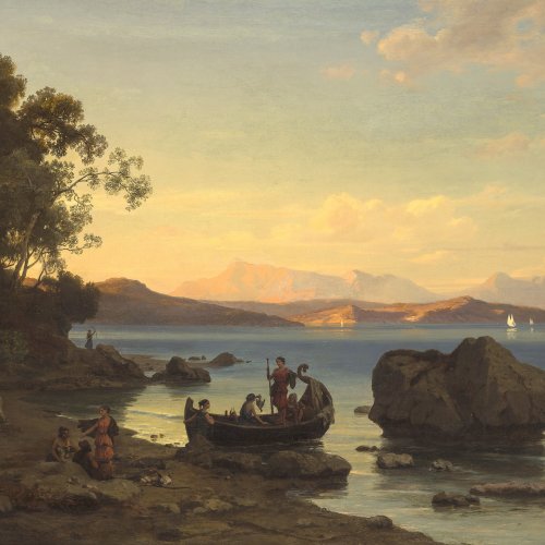 Schmidt, Max. Küstenlandschaft mit Amazonen. Öl/Lw. 82,5 x 132,5 cm. Doubl., rest. Sign.