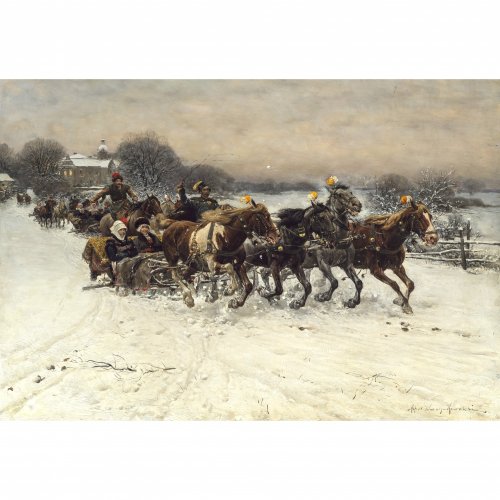 Wierusz-Kowalski, Alfred von. Schlittenfahrt. Öl/Holz. 44,3 x 65 cm. Min. Bestoßung mittig und an den Rändern. Sign. Ohne Rahmen.