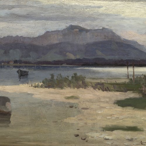 Herrmanstörfer, Josef. Chiemseelandschaft, mit Blick auf die Hochries und Kampenwand. Öl/Karton. 35 x 46 cm. Sign.