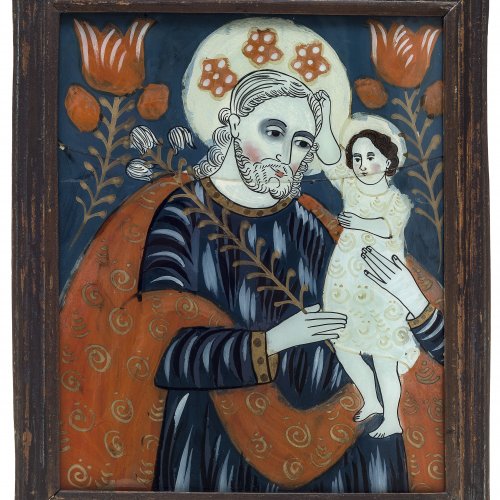 Hinterglasbild. Raimundsreut, 19. Jh. Hl. Josef mit Jesuskind. Tempera/Glas. Kl. Sprung.