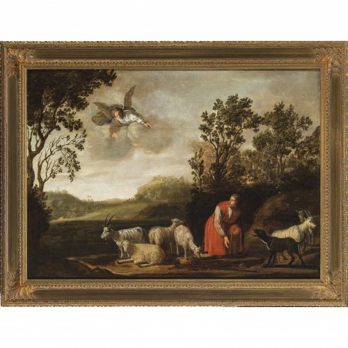 Wet, Jacob Jacobsz de, Umkreis. Engel erscheint einem Hirten mit seinen Tieren. ÖL/Holz. 60 x 84,5 cm. Rest., unsign.