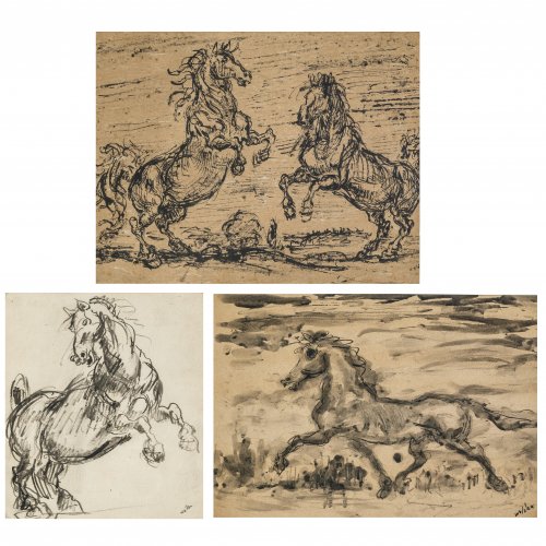 Welden, Leo von. Drei Zeichnungen mit Pferden. Je ca. 22 x 28,5 cm. Sign.