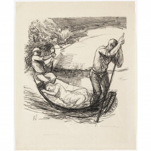 Schinnerer, Adolf. Kahn mit zwei Ruderern und schlafendem Mädchen. Lithografie. 36,7 x 30 cm. Sign.