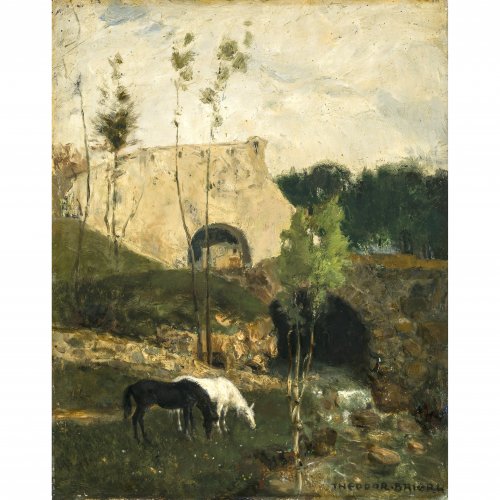Baierl, Theodor. Zwei Pferde in Landschaft mit Ruine im Hintergrund. Öl/Holz. 40 x 31,5 cm. Sign.