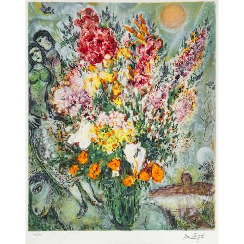 Chagall, Marc. Blumenstrauß und Liebespaar. Farblithographie. 70 x 57 cm. Plattensign., Auflage 188/250.