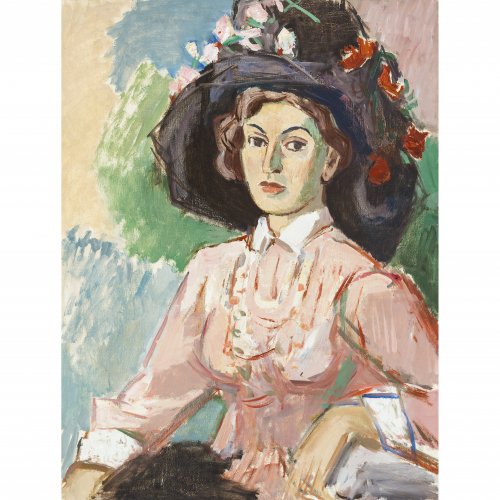 Geiseler, Hermann. Junges Mädchen mit großem mit Blumen geschmücktem Hut. Öl/Lw. 85 x 65 cm. Unsign.