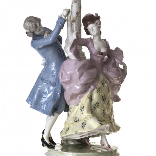 Lampe. Steingut.Tanzendes Paar. Walter & Marcell Goldscheider, Wien. Art Deco. H. 100 cm.