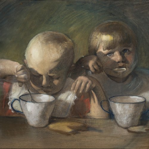 Zumbusch, Ludwig von, zugeschrieben. Zwei Kinder beim Essen. Mischt./Papier. 51 x 61 cm.  Sign.