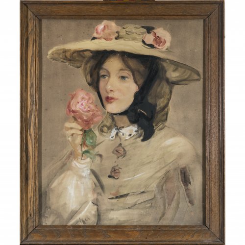 Gloag, Isabel (Lilian). Junges Mädchen mit Sommerhut und einer Rose in der Hand. Aquarell. 50 x 40 cm. Monogr.