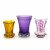 Drei Ranftbecher. Farbloses Glas, gelber, lila- bzw. rosafarbener Überfang, eines mit matt geschliffenem Rocailledekor. H. 9,5-13 cm.