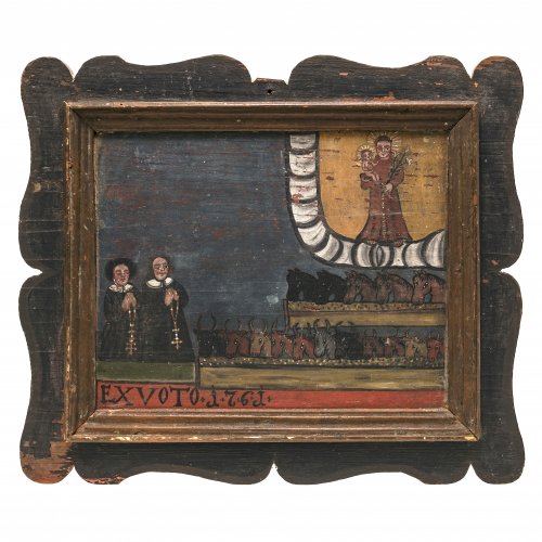 Votivtafel. Hl. Antonius, Pferde- und Rinderherde, Votantenpaar. Dat. 1761. Abrieb. 20 x 24,5 cm.