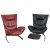Ein Paar Lounge-Sessel. Rotes bzw. schwarzes Leder, Metallfuß, ausschwenkbare Fußstütze. Ende 20. Jh. H. 102 cm, Sitzhöhe 43 cm.
