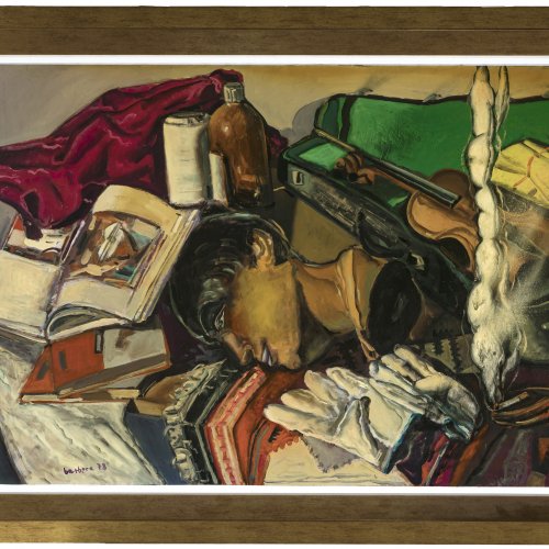 Barberà Zamora, Juan José. Stillleben mit Büste und Geige. Öl/Hartfaser.  70 x 99,5 cm.  Sign., dat. 78.