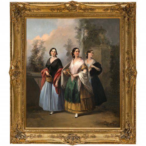 Rodriguez, José Maria. Drei junge Spanierinnen. Öl/Lw. 65 x 53 cm. Rest., doubl. Sign., dat. 1852.