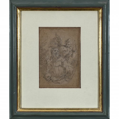 Italien, 18. Jh., Gregorio de Ferrari zugeschrieben. Heiliger mit Engelserscheinung. Bleistiftzeichnung. 19 x 13 cm.