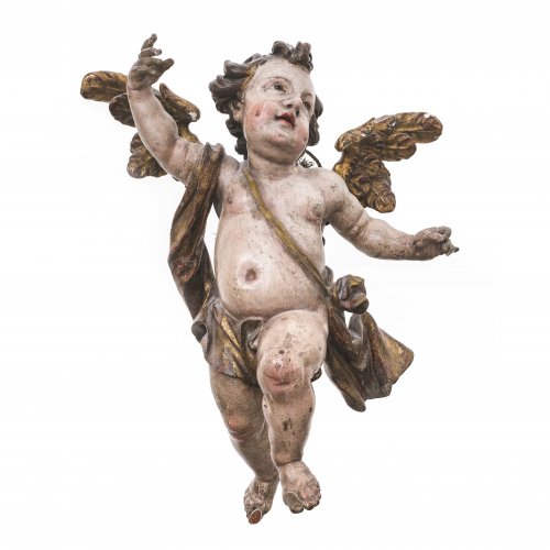 Engel, schwebend, süddeutsch, 18. Jh. Holz, Inkarnat- und Goldfassung. Besch., rest. H. 47 cm.