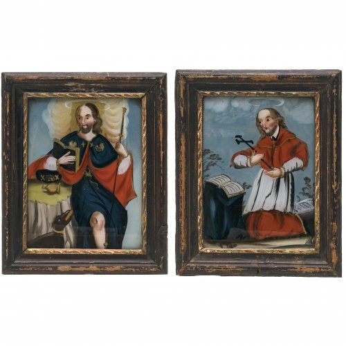 Zwei Hinterglasbilder: hl. Rochus und Heiliger mit Kreuz. Staffelseegebiet. Je 15 x 11,5 cm.