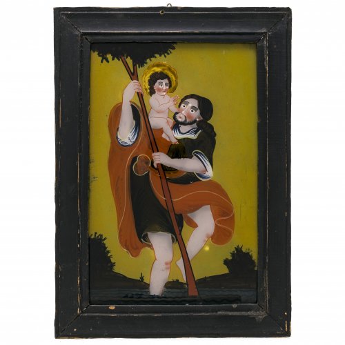 Hinterglasbild. Buchers oder Sandl, hl. Christophorus. Tempera/Glas, 25 x 16 cm. Kratzspur.