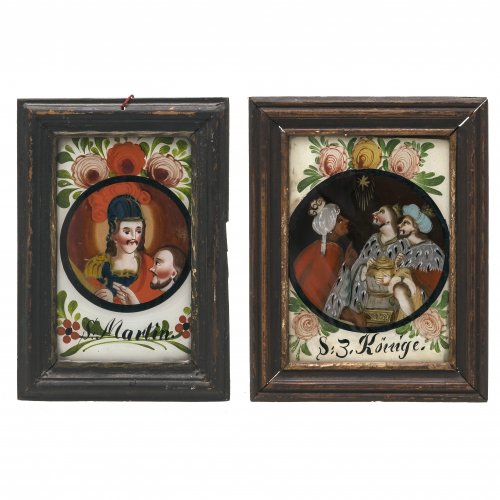 Zwei Hinterglasbilder. Oberammergau, um 1840. Hl. Martin bzw. Die hl. drei Könige. Tempera/Glas, 16 x 10 cm bzw. 17 x 11,5 cm.