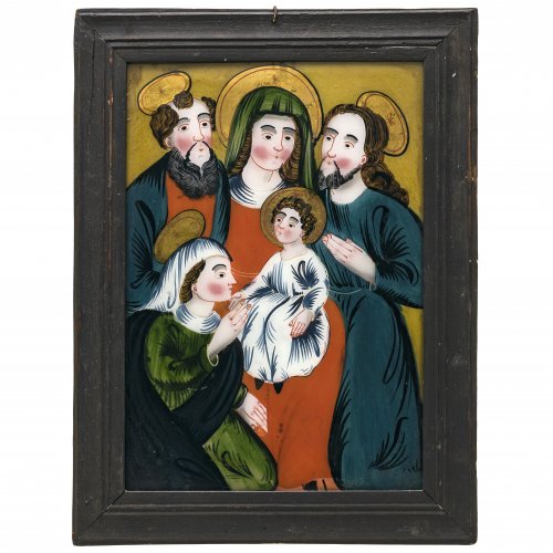 Hinterglasbild. Buchers oder Sandl. Hl. Familie mit Anna und Joachim. Tempera/Glas, 34 x 23,5 cm.