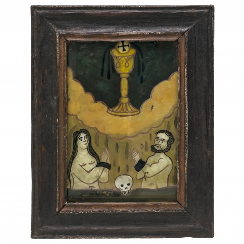 Hinterglasbild. Raimundsreut(?). Arme Seelen beten zur hl. Monstranz. Tempera/Glas, 18 x 12 cm. Min. Farbablösungen.