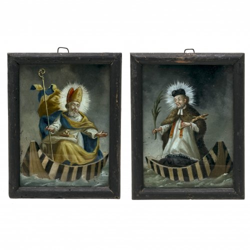 Ein Paar Hinterglasbilder. Süddeutsch. Johannes von Nepomuk bzw. Nikolaus von Myra .Tempera/Glas, je 14 x 10,5 cm.