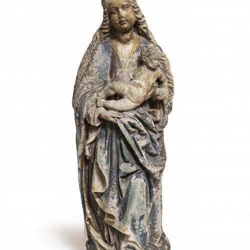 Maria mit Jesuskind. Stein H. 69 cm. Reste von Farbfassung. Besch., Verwitterungsspuren.