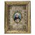 Spickelbild mit Aquarellmedaillon des hl. Dominikus sowie mit Reliquienpartikeln. Alterungsspuren, Rahmen besch.  21 x 16 cm.