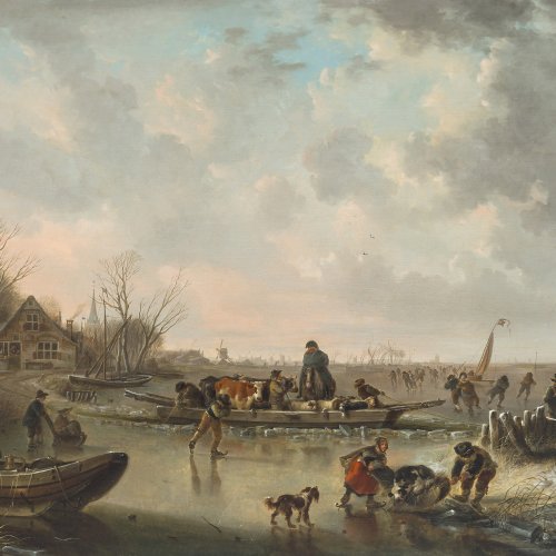 Gemälde, Niederlande, 18. Jh. Buntes Treiben auf dem Eis. Öl/Holz. 59,5  x 75,5 cm. Rest., besch. Unsign.