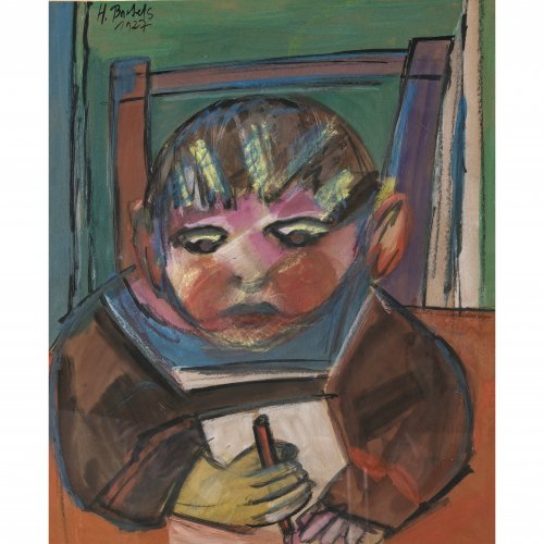 Bartels, Heinrich. Kleines Kind mit Stift auf einem Stuhl. Mischtechnik/Karton. 42,5 x 35 cm. Sign., dat. 1927. Umkreis Albert Bloch / Anton Kerschbaumer.