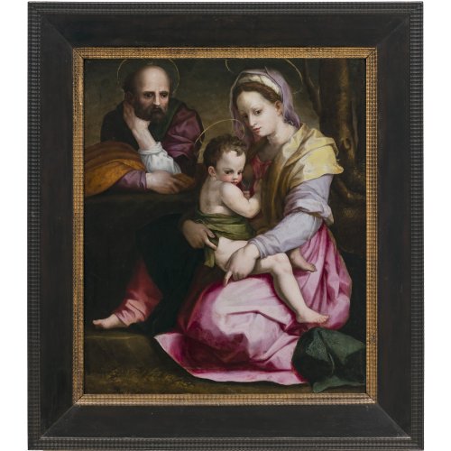 Del Sarto, Andrea, Nachfolger. Heilige Familie (nach dem Gemälde in den Gallerie Nazionali, Rom). Öl/Holz. 72,7 x 60,7 cm. Rest., best. Unsign.