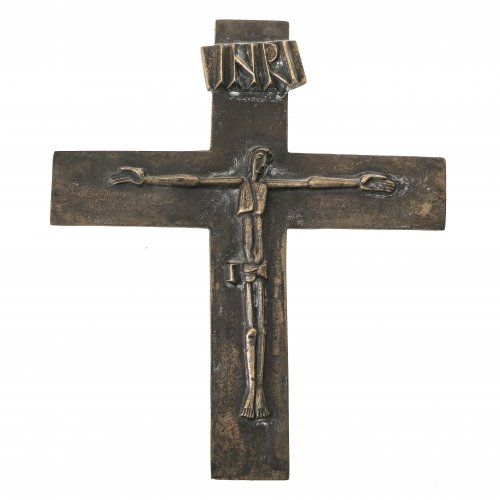 Reidel, Karl. Jesus am Kreuz. Bronze. Sign., mit Aufhängung. 32 x 27,5 cm.